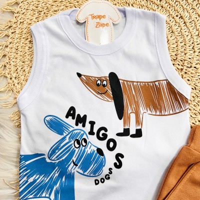 Conj. Regata Amigos Dogs e Bermuda - Branco e Ferrugem